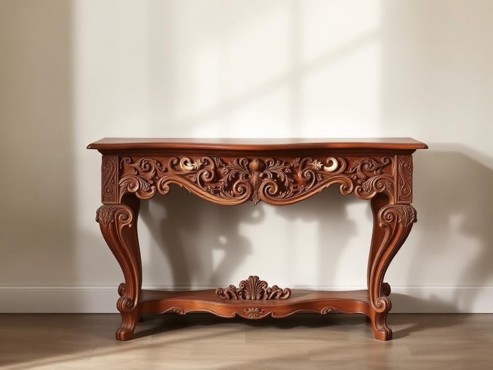 Carved console table with bone inlay work, an artisan accent piece