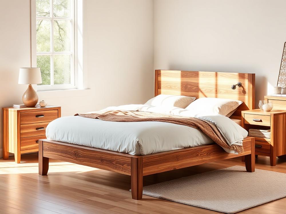 Solid acacia wood bed frame with matching nightstand and dresser