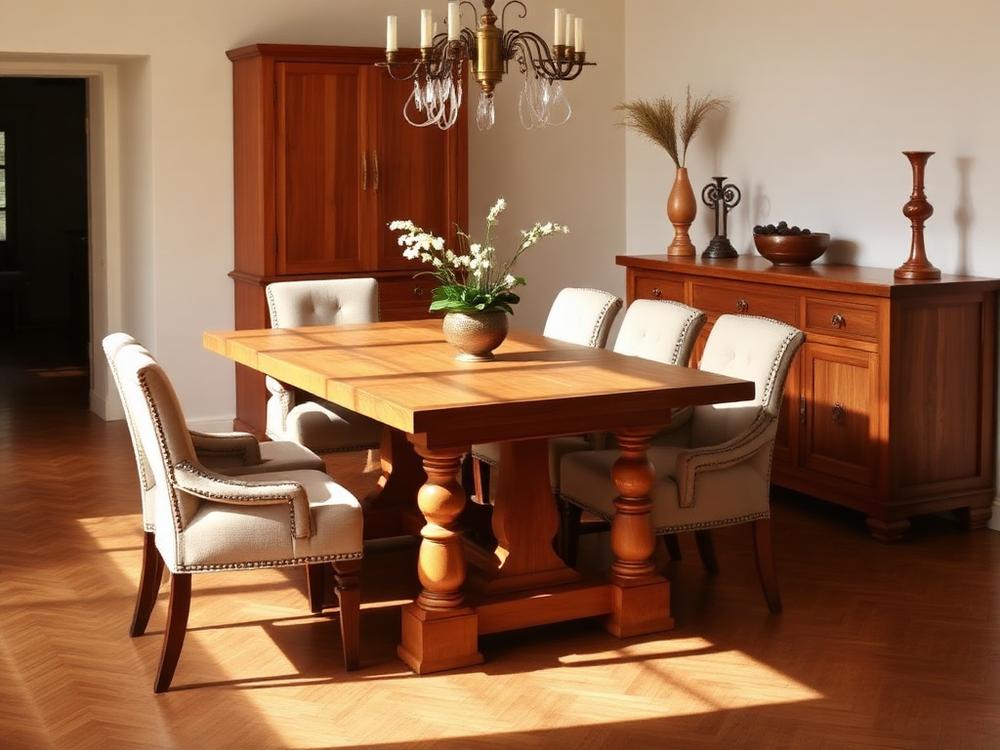 Solid mango wood dining table with upholstered chairs and a sheesham sideboard
