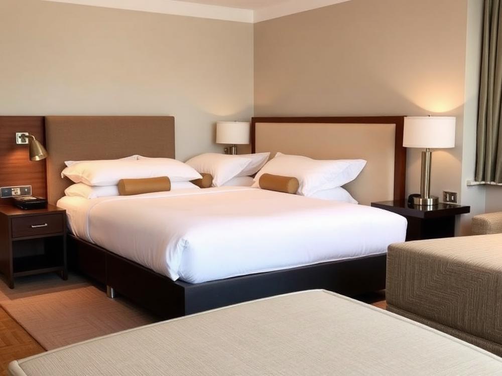 Spec-matched hospitality furniture including upholstered headboards in a hotel room