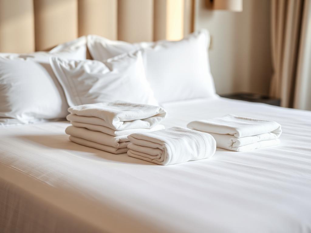 Crisp white hospitality bed linen on a made bed