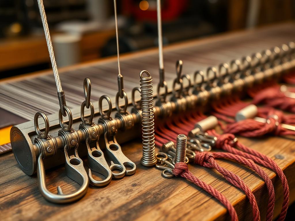 Jacquard hooks, springs, and harness cords for electronic jacquard systems