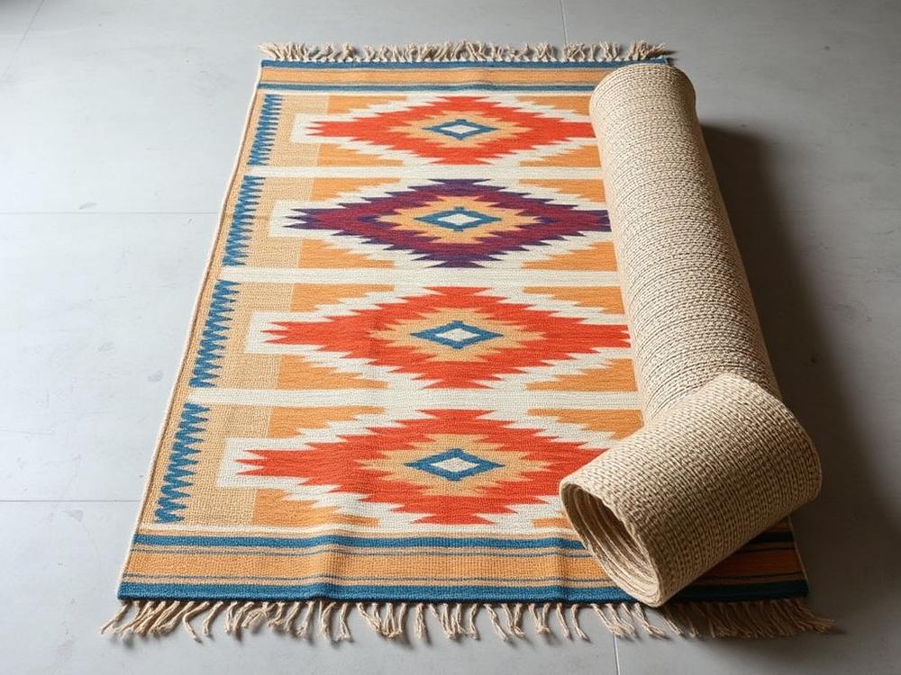 Flatweave kilim and natural jute rug with geometric tribal patterns