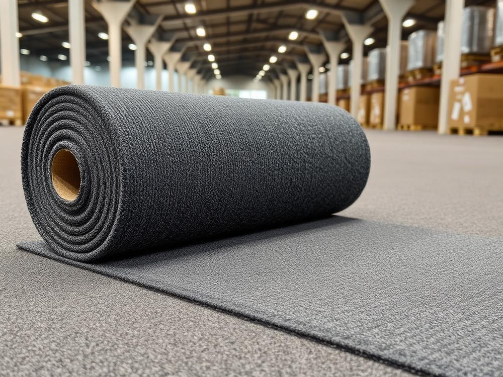 Roll of machine-made contract carpet in neutral charcoal for volume programs
